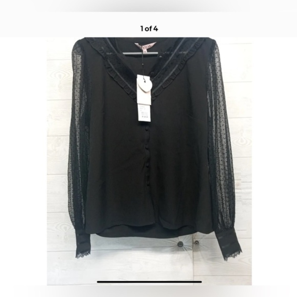 Review Boutique Brand Black Sheer Long Sleeve Modest Classy Blouse SZ 12 NWT